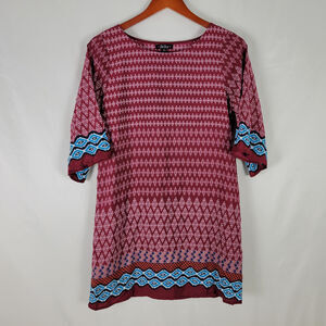 BeBop Shirt Womens Small Red Boho Tunic‎ Top Geometric 3/4 Sleeve Round Neck